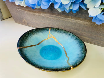 Kintsugi Pottery Aqua Kintsugi Trinket Dish, Personalized Gifts, Summer Gifts, Ombre Style, Kintsugi Aqua Blue Trinket Dish